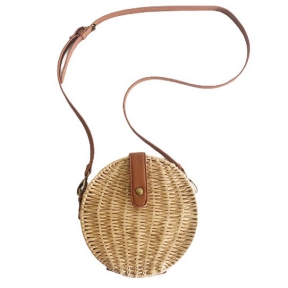 Rossi Round Wicker Rattan Straw Round Woven Tan Crossbody Bag Cherry Interior